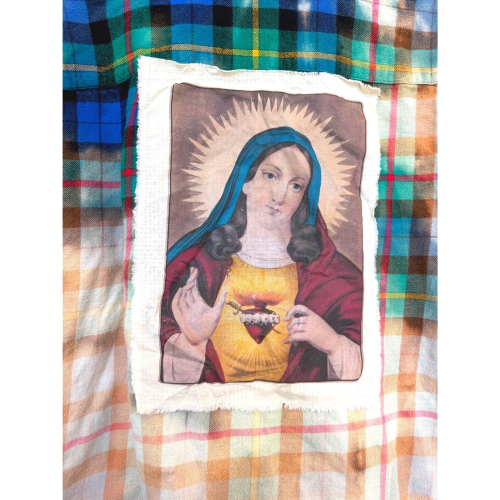 Virgin Mary Bleached Flannel Shirt Large | One-of-One Folk Art Wear